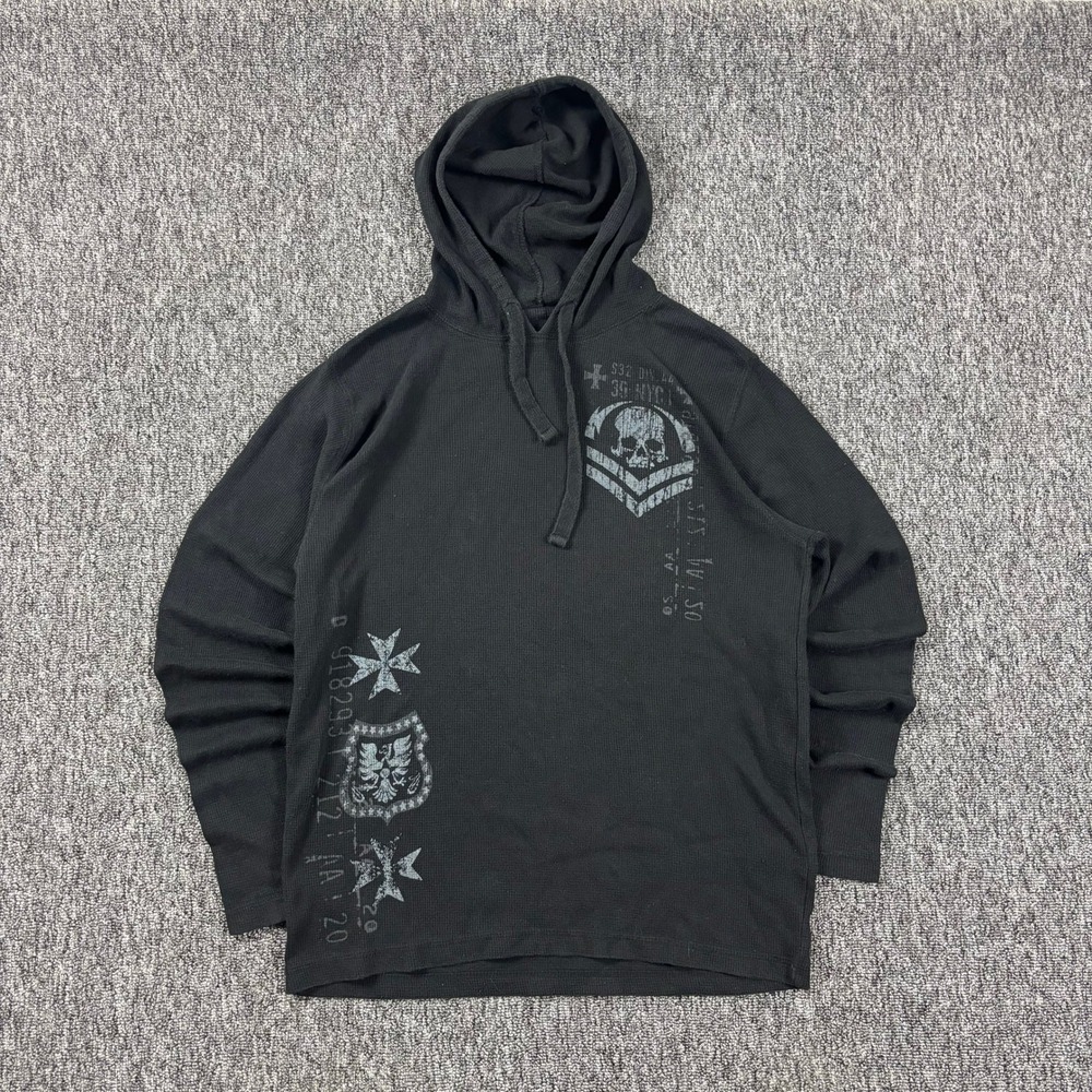 Grunge Y2K Modern Culture Goth Skull Skater Thermal Hoodie Black Large